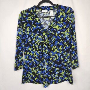 Liz & Co Womens 3/4 Sleeve Dressy Top Blue/Black/Green Size Large